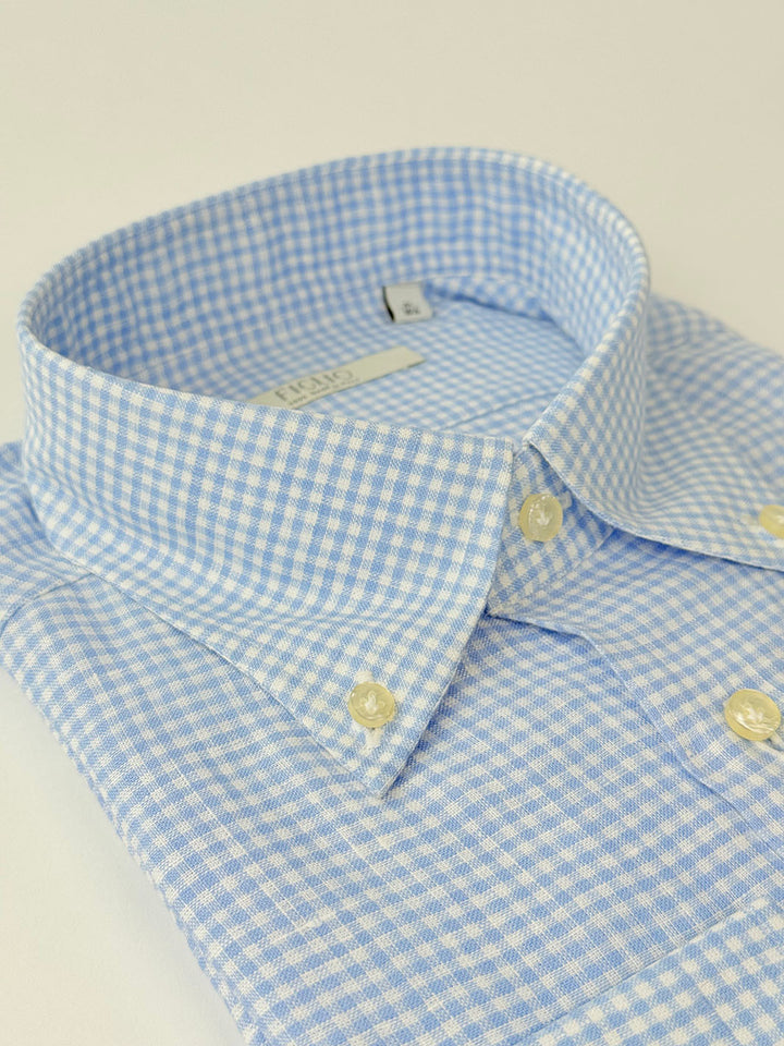 Gingham Linen Button-Down Shirt - Light Blue