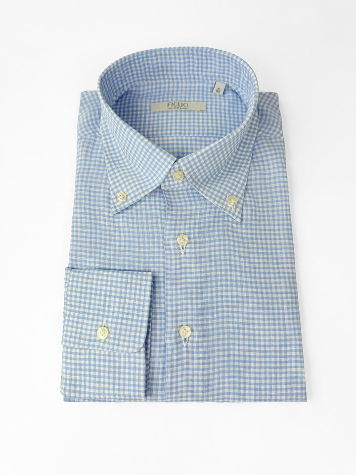Gingham Linen Button-Down Shirt - Light Blue