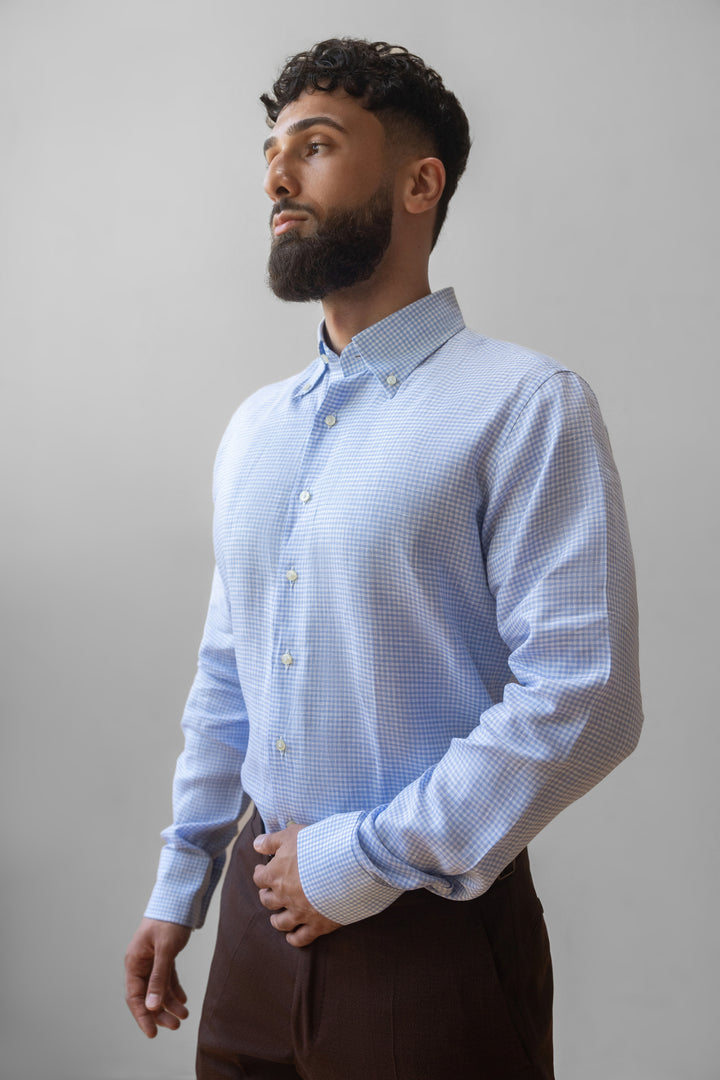 Gingham Linen Button-Down Shirt - Light Blue