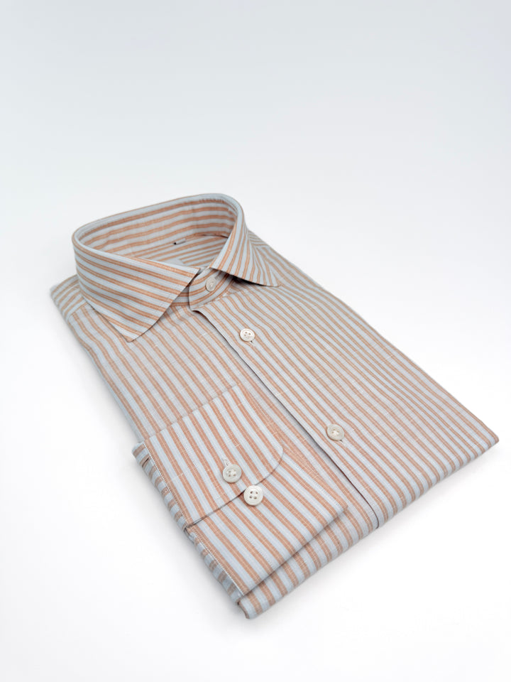Bold Stripe Cotton Linen Dress Shirt - Light Blue & Terracotta