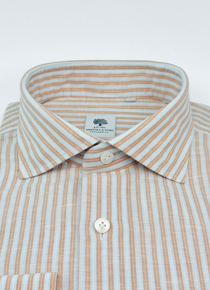 Bold Stripe Cotton Linen Dress Shirt - Light Blue & Terracotta