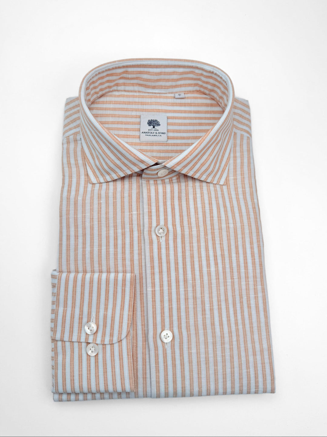 Bold Stripe Cotton Linen Dress Shirt - Light Blue & Terracotta