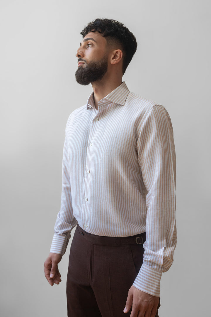 Bold Stripe Cotton Linen Dress Shirt - Light Blue & Terracotta