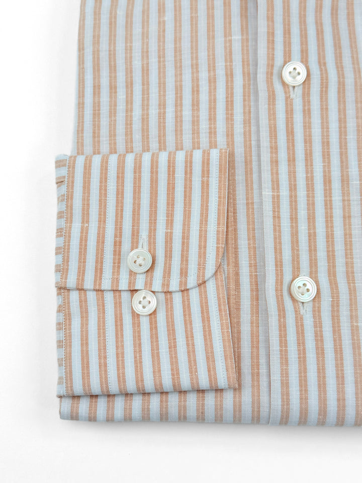 Bold Stripe Cotton Linen Dress Shirt - Light Blue & Terracotta