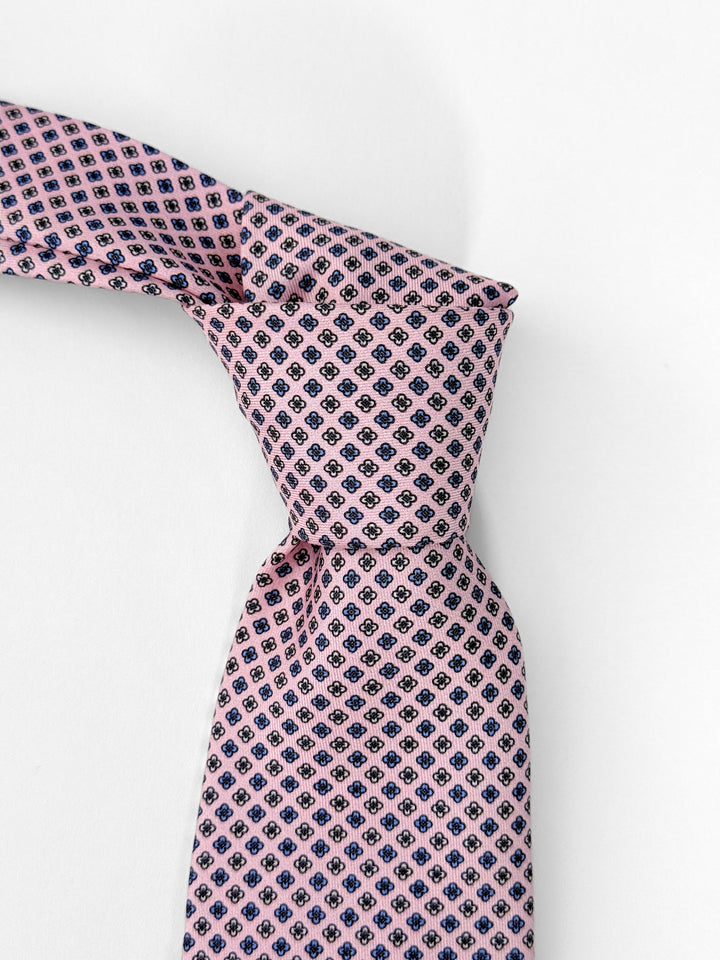 Silk Micro Floral Print Tie - Light Pink & Light Blue