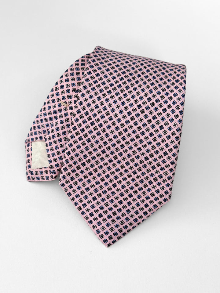 Silk Micro Floral Print Tie - Light Pink & Light Blue