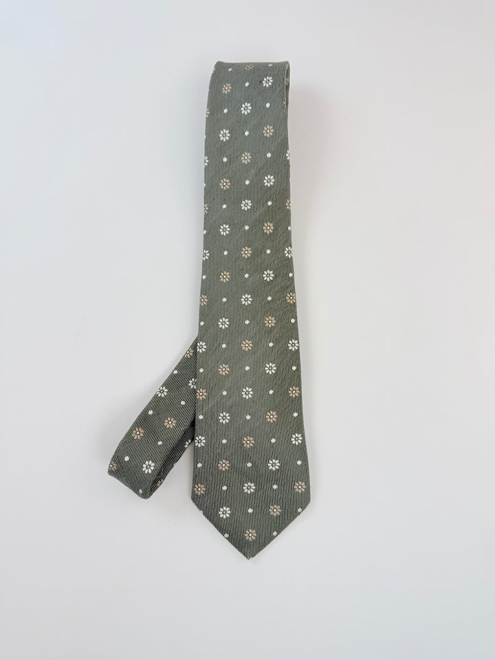 Linen-Silk Floral Print Tie - Sage Green