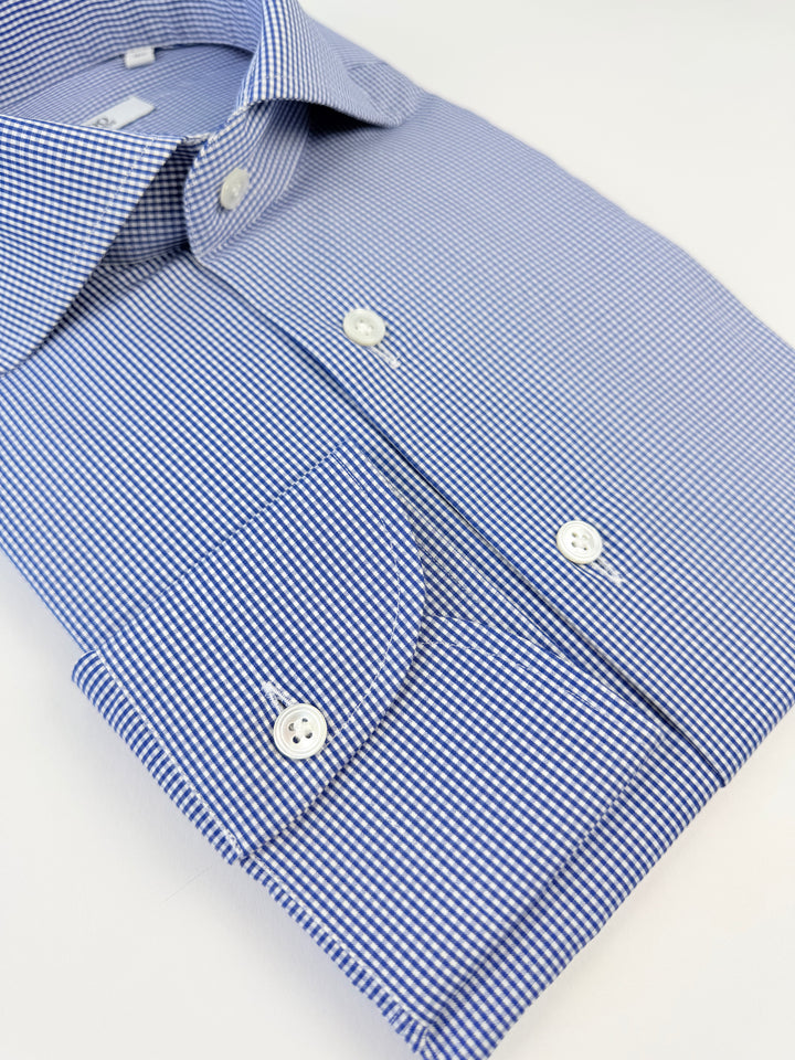 Micro-Check Cotton Dress Shirt - White & Royal Blue
