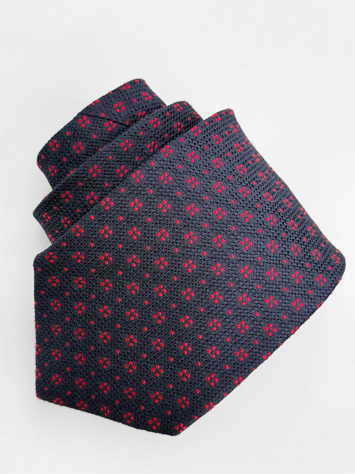 Silk Dotted Print Tie - Navy Blue & Crimson Red