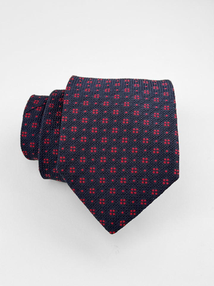 Silk Dotted Print Tie - Navy Blue & Crimson Red