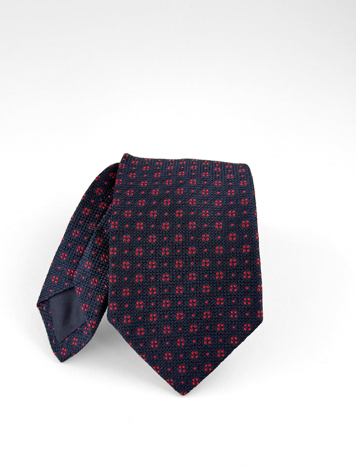 Silk Dotted Print Tie - Navy Blue & Crimson Red