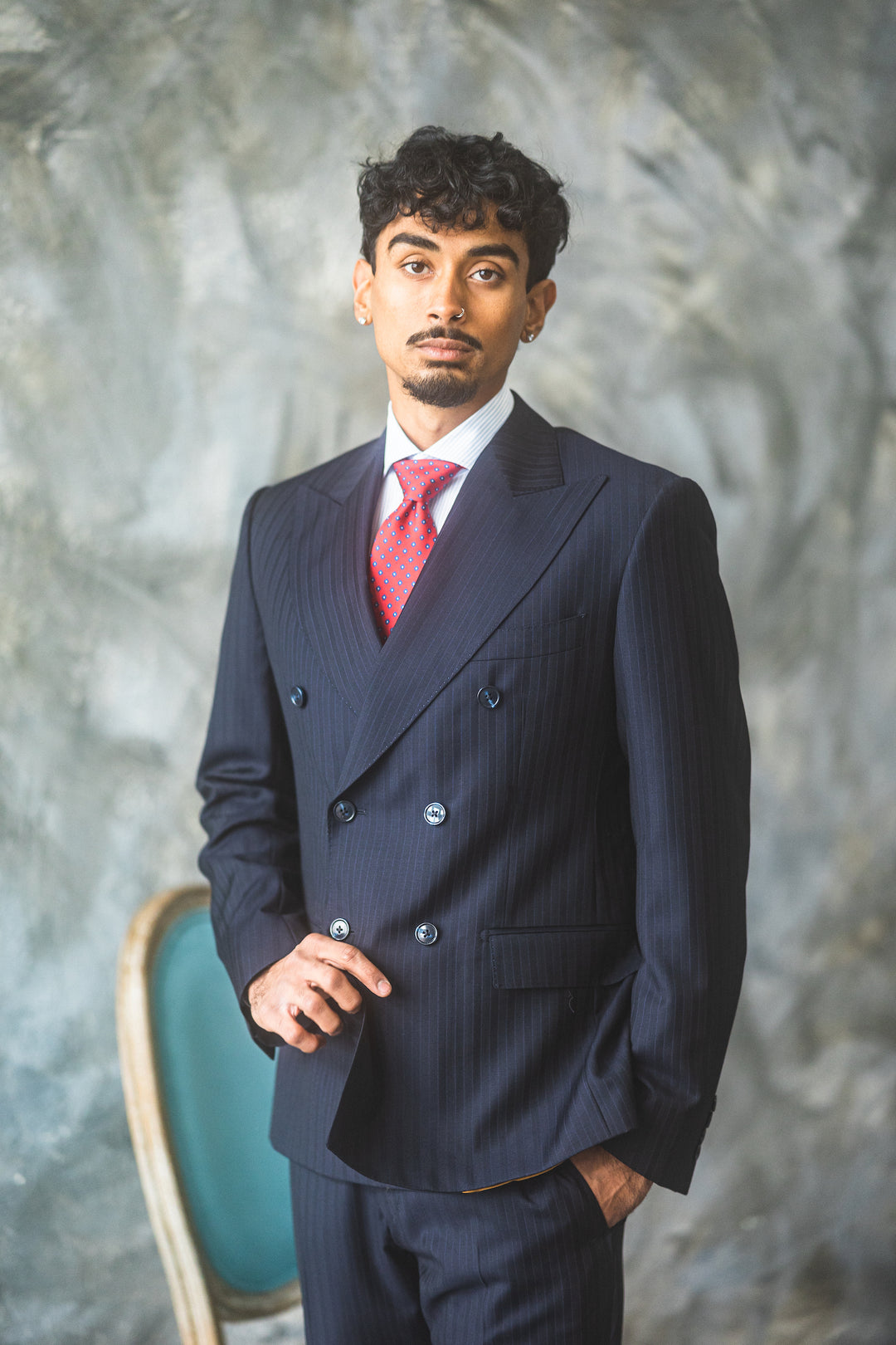 Navy Double-Breasted Pinstripe Suit