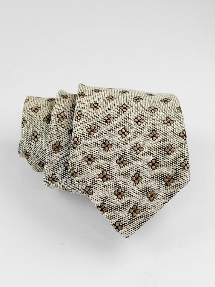 Silk Medallion Print Tie - Oatmeal & Gold