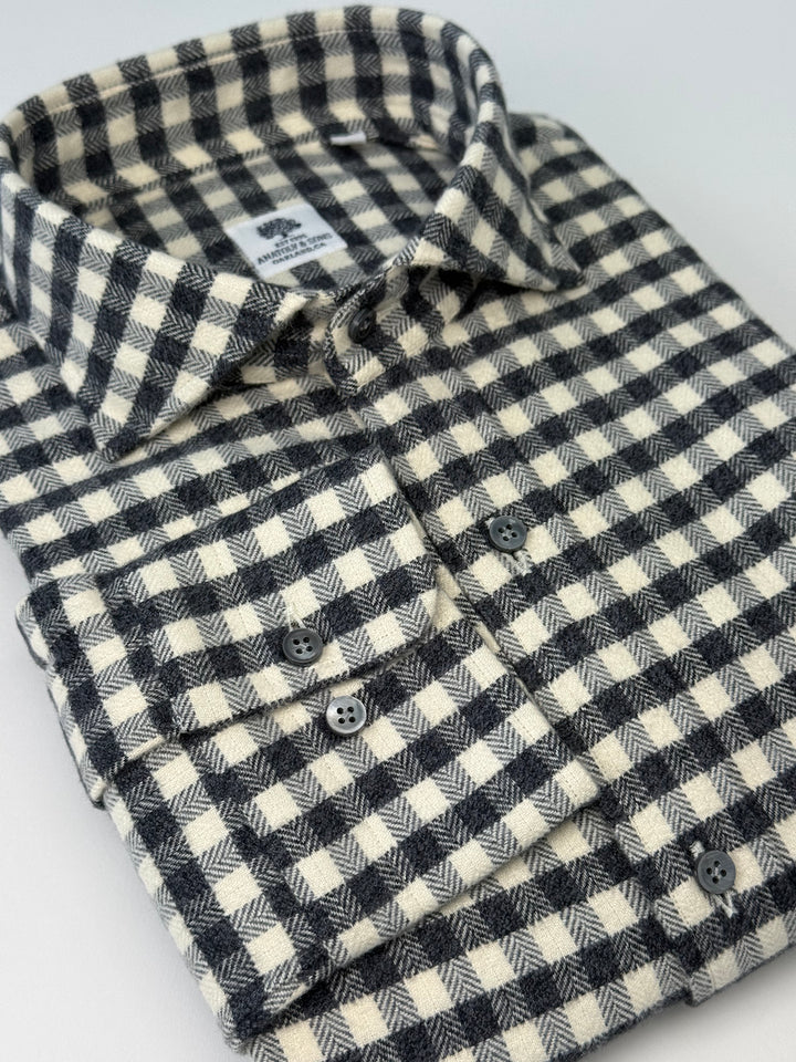 Herringbone Gingham Flannel Shirt - Off White & Charcoal