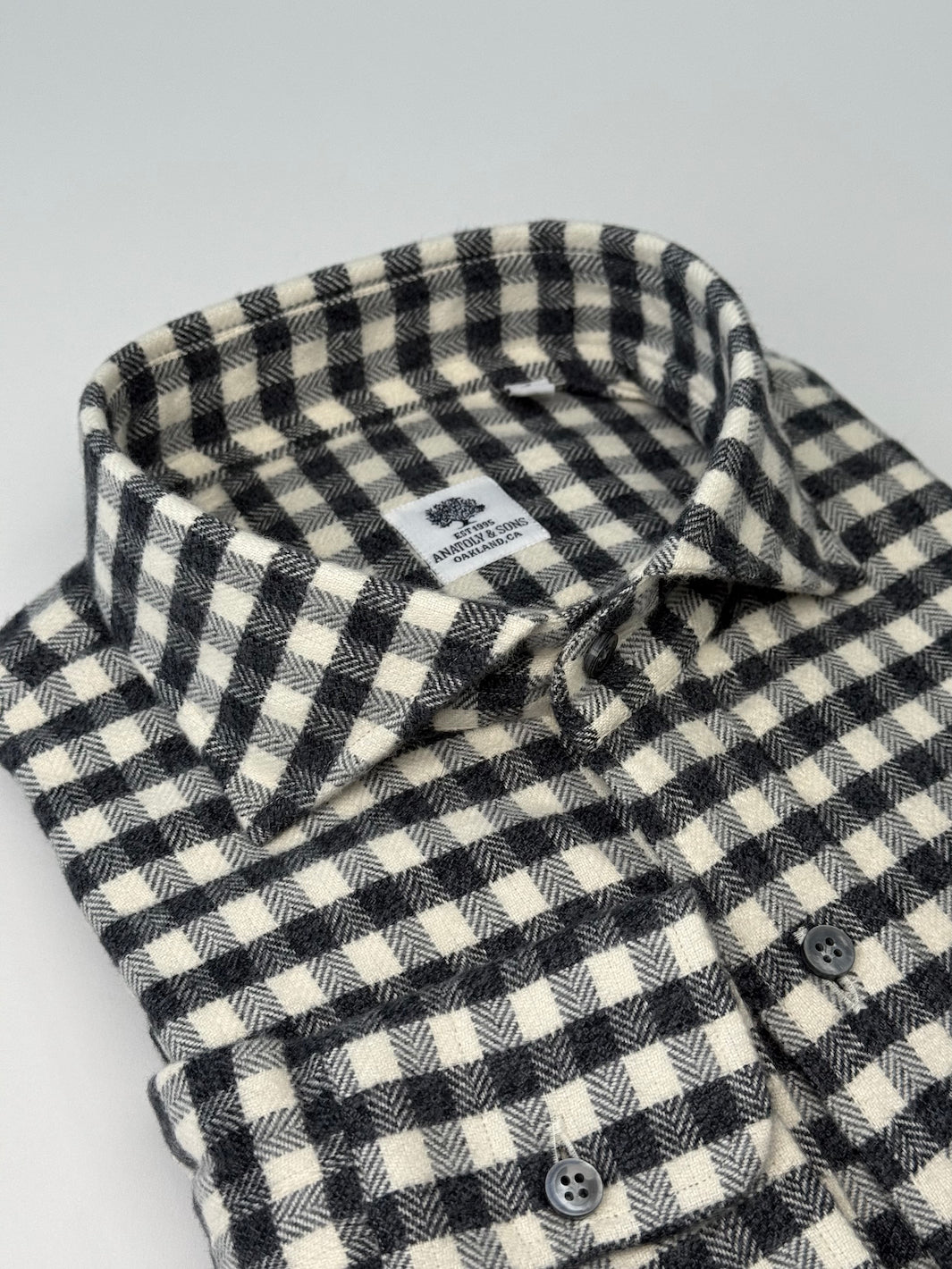 Herringbone Gingham Flannel Shirt - Off White & Charcoal