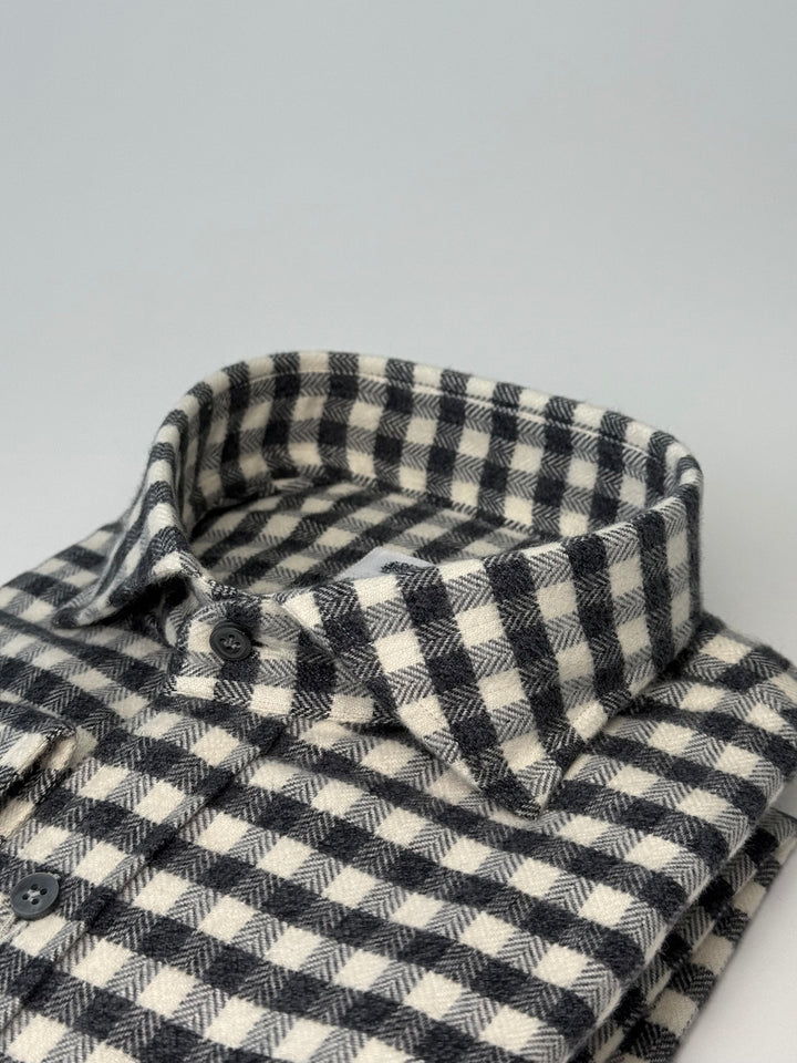 Herringbone Gingham Flannel Shirt - Off White & Charcoal