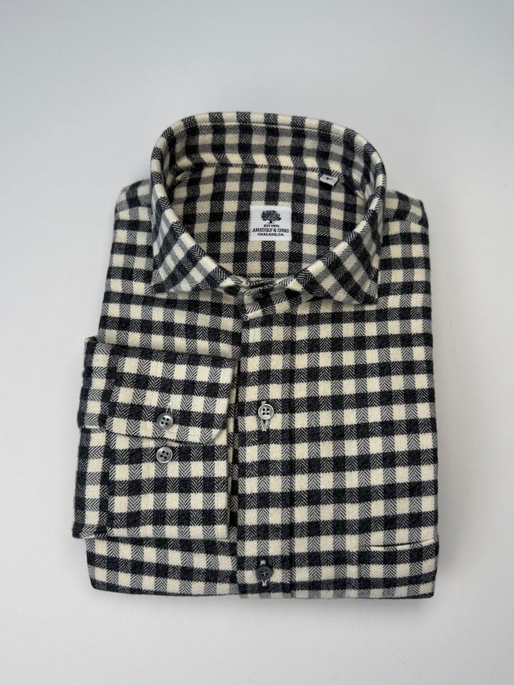Herringbone Gingham Flannel Shirt - Off White & Charcoal