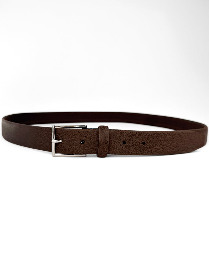 Pebble Grain Calfskin Leather Dress Belt - Coffee Brown