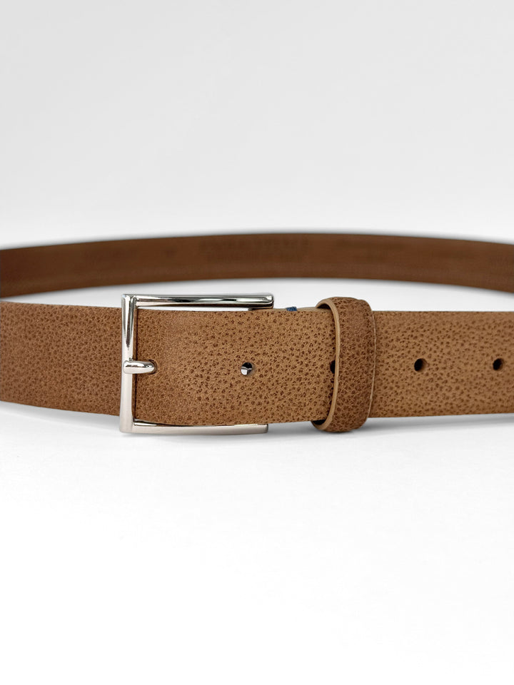Pebble Grain Calfskin Leather Dress Belt - Cognac Brown