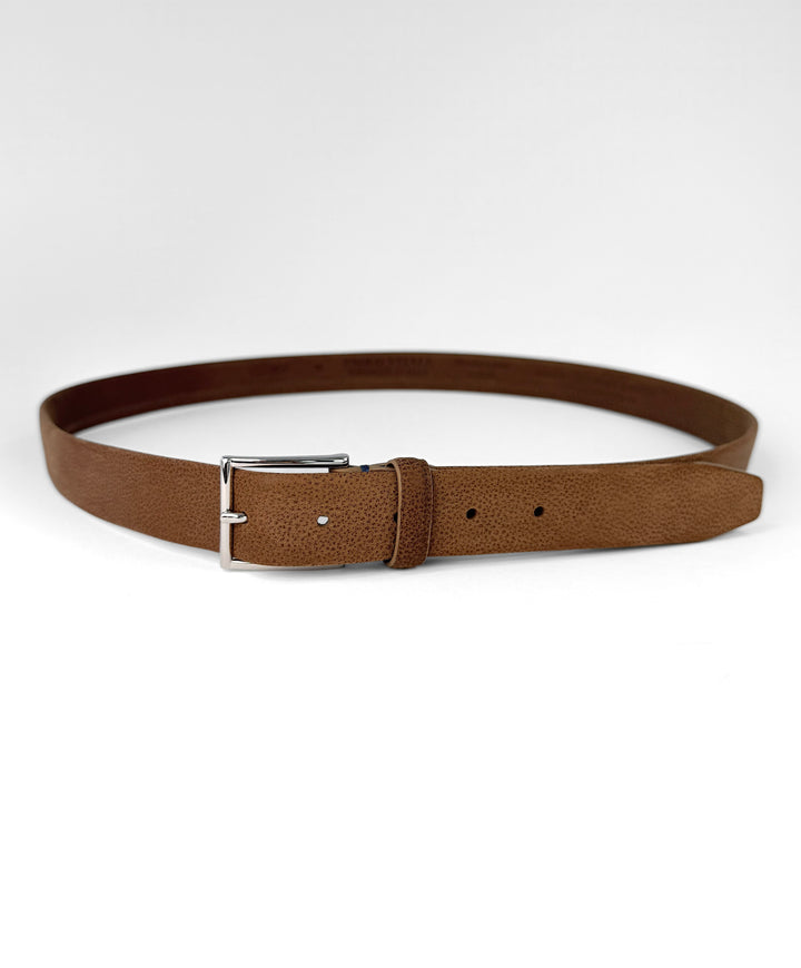 Pebble Grain Calfskin Leather Dress Belt - Cognac Brown