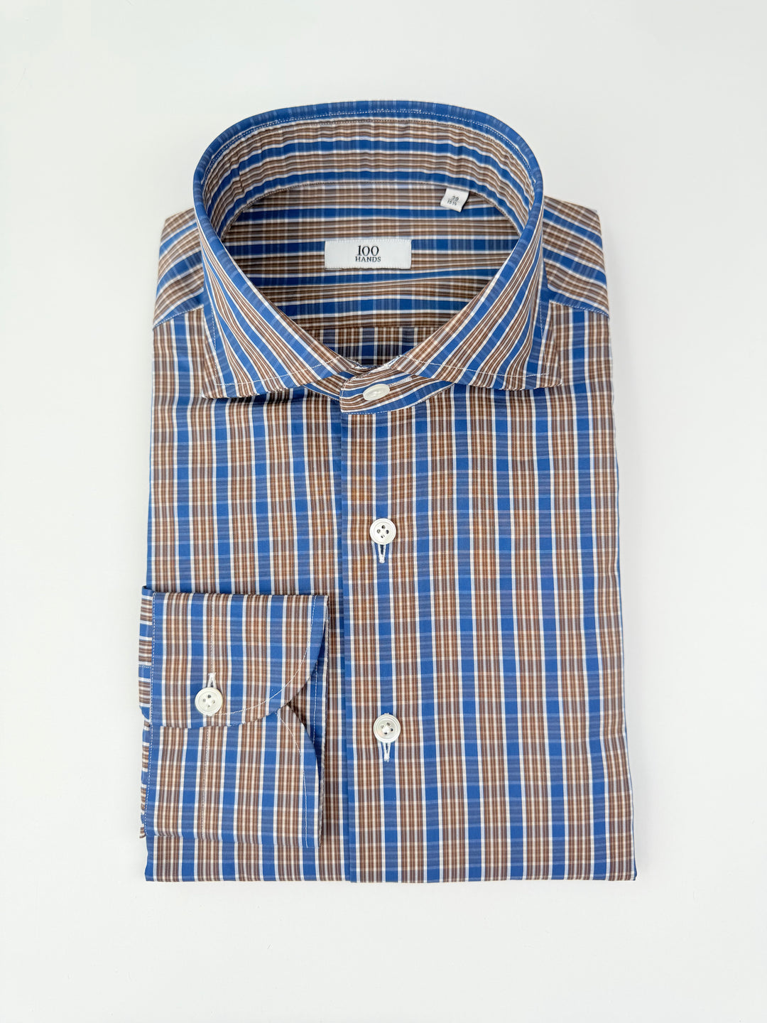 French Blue & Brown Cotton Plaid Dress Shirt| 100 Hands 16 US (41 EU) / Slim