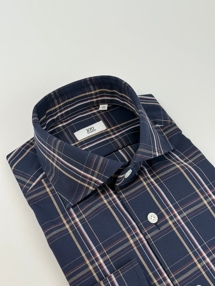 Plaid Cotton Dress Shirt - Navy Blue & Gold
