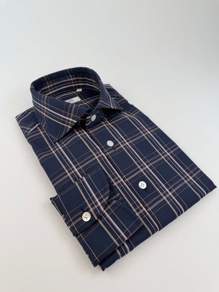 Plaid Cotton Dress Shirt - Navy Blue & Gold