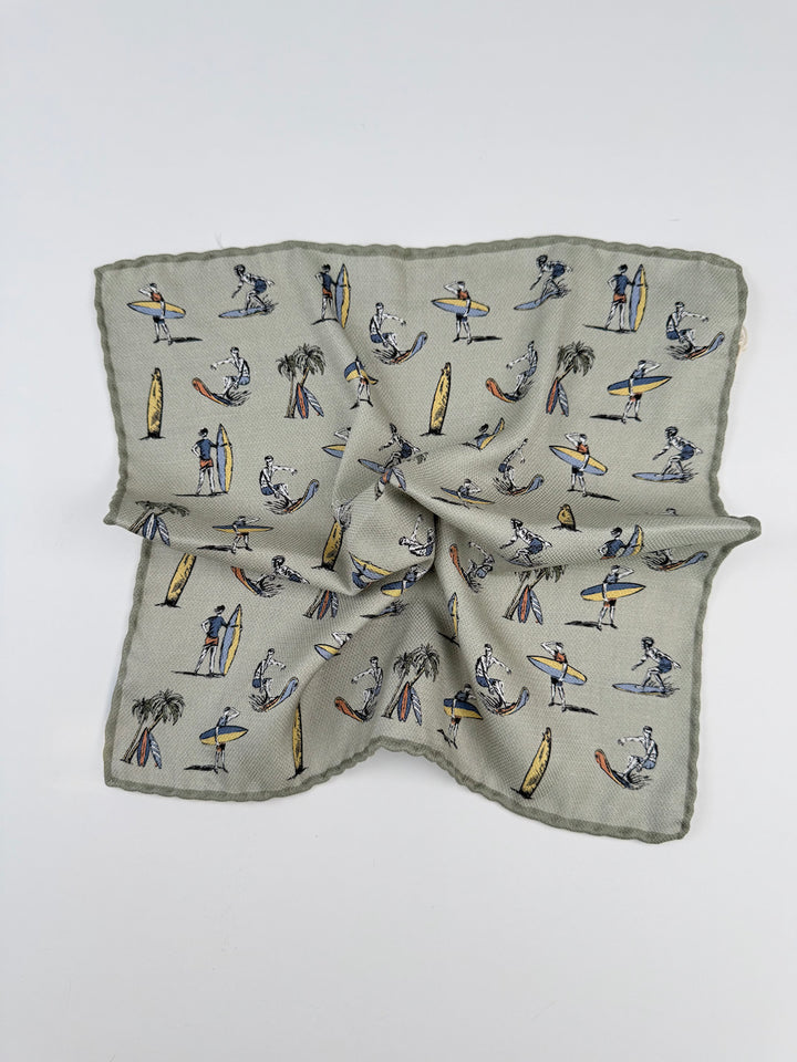 Reversible Silk Surf Motif Pocket Square - Light Grey