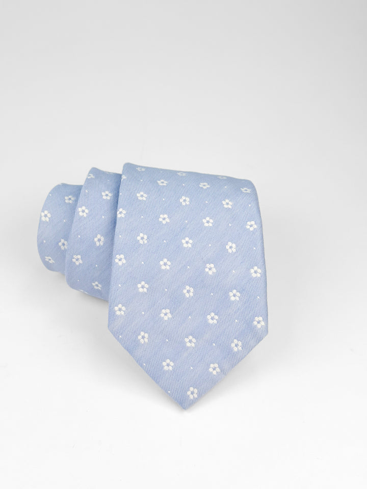 Silk Cotton Linen Floral Tie - Dusty Blue