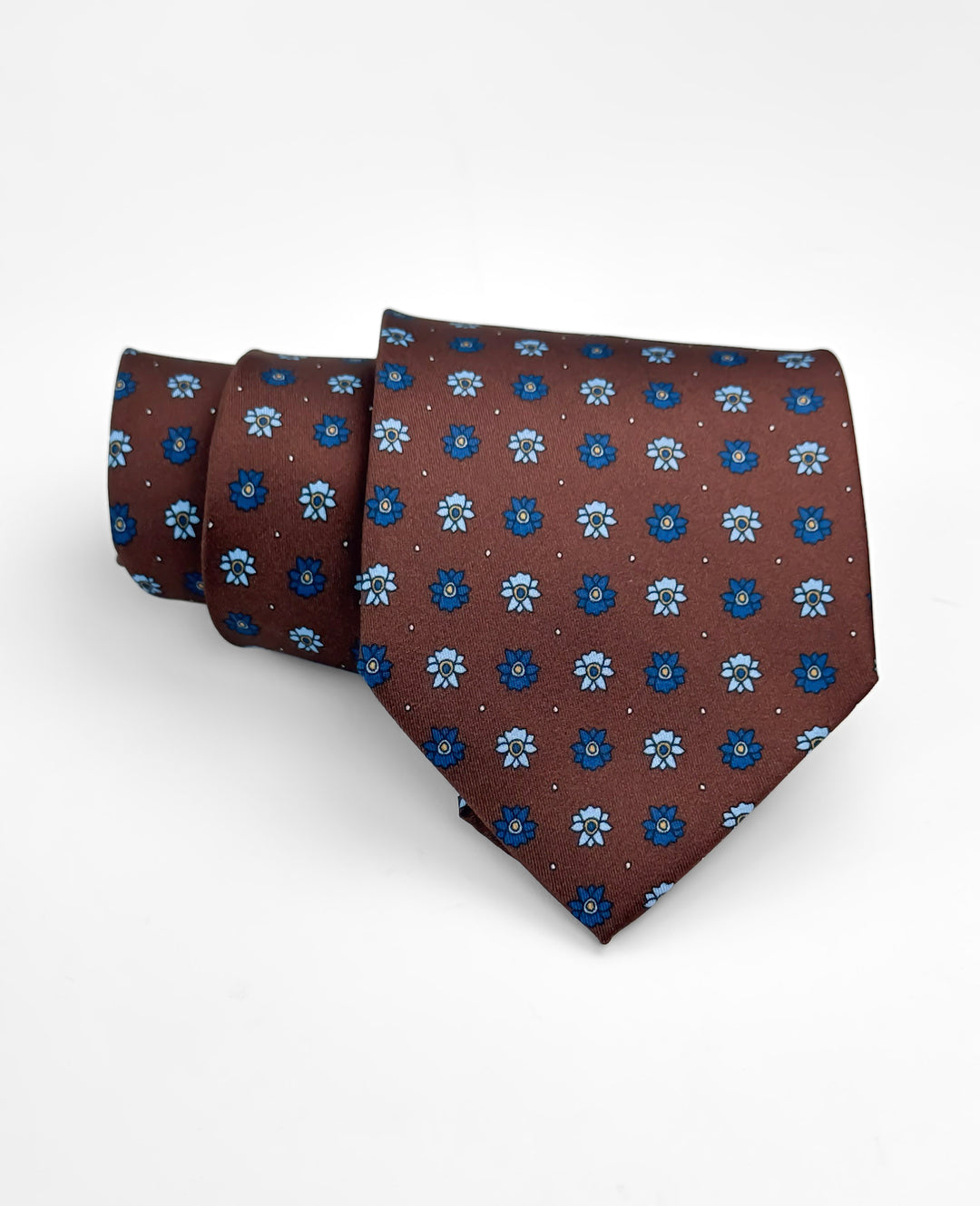 Silk Floral Print Tie - Chocolate Brown & Blue
