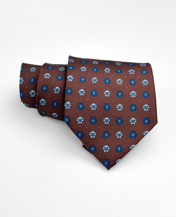 Silk Floral Print Tie - Chocolate Brown & Blue