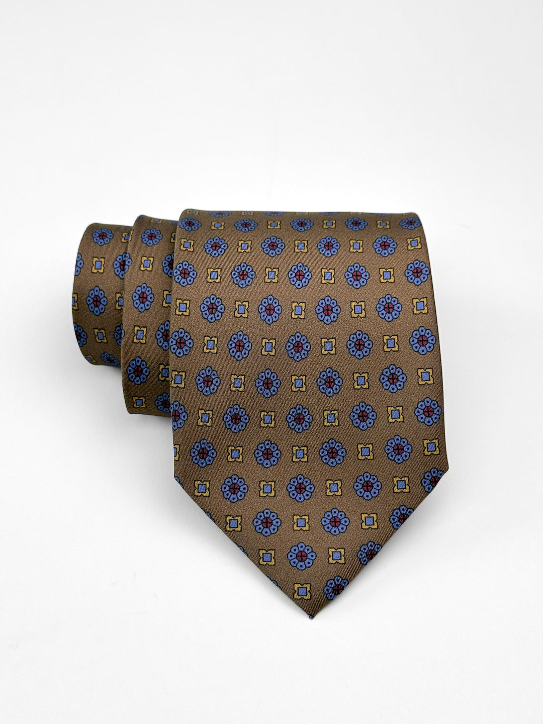 Silk Floral Print Tie - Dark Sand & Light Blue