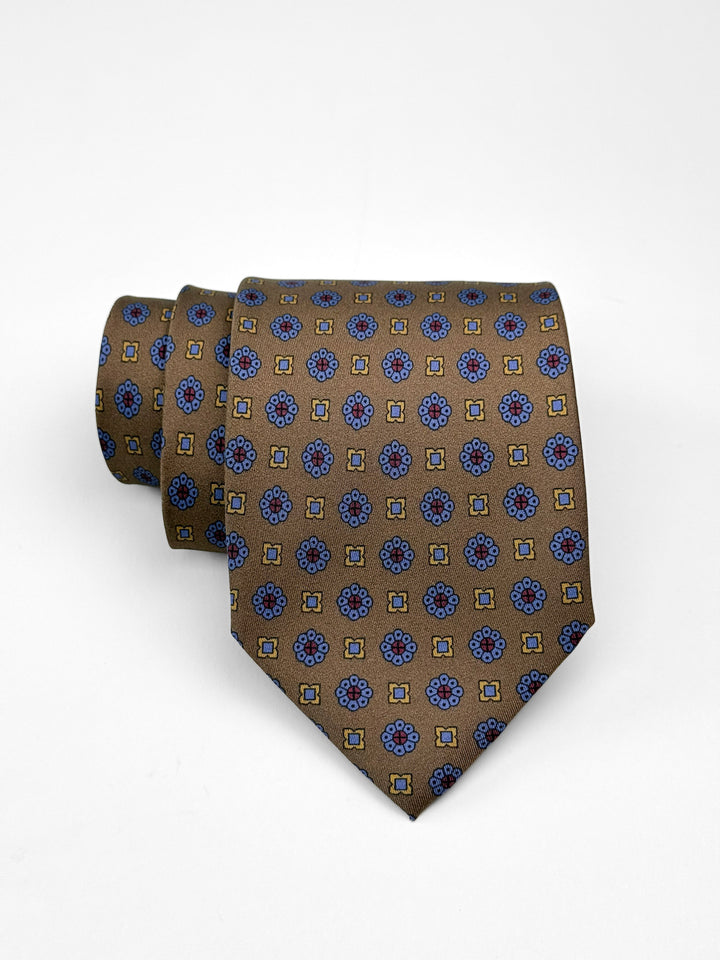Silk Floral Print Tie - Dark Sand & Light Blue