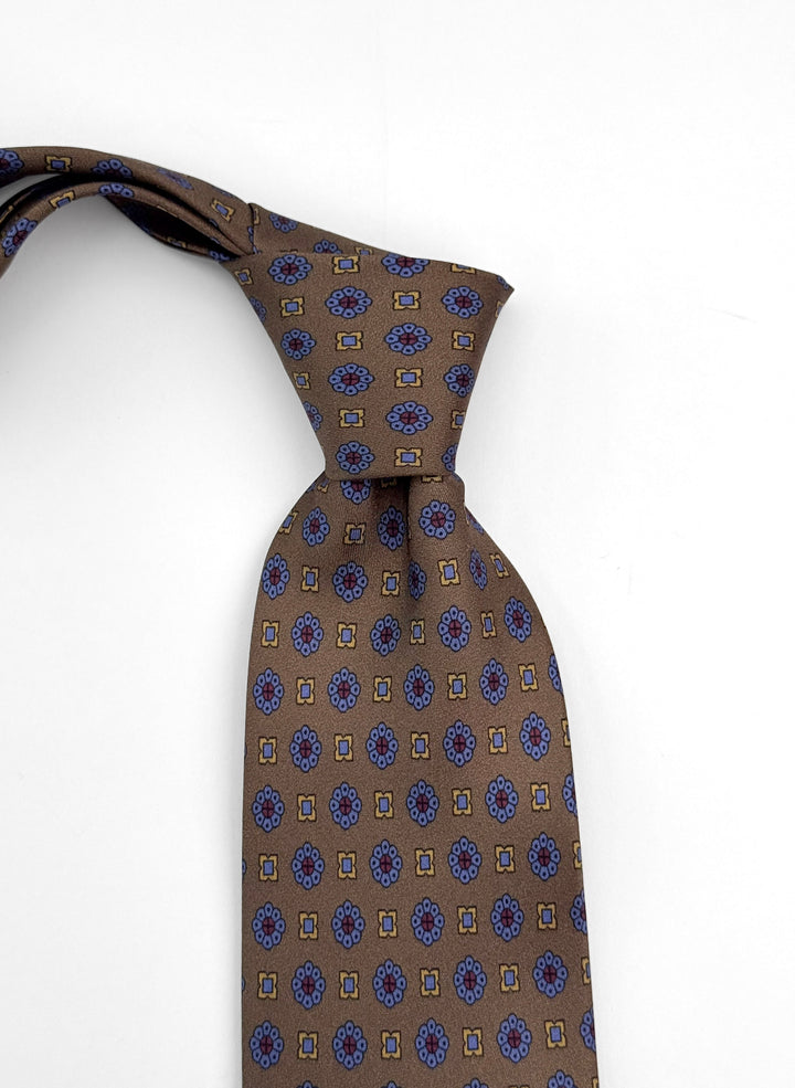 Silk Floral Print Tie - Dark Sand & Light Blue