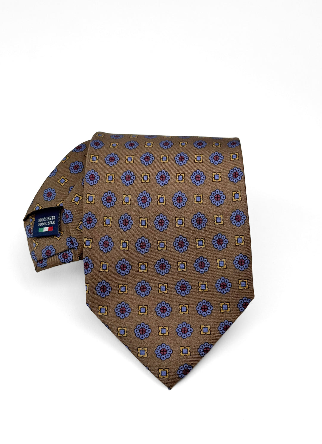 Silk Floral Print Tie - Dark Sand & Light Blue