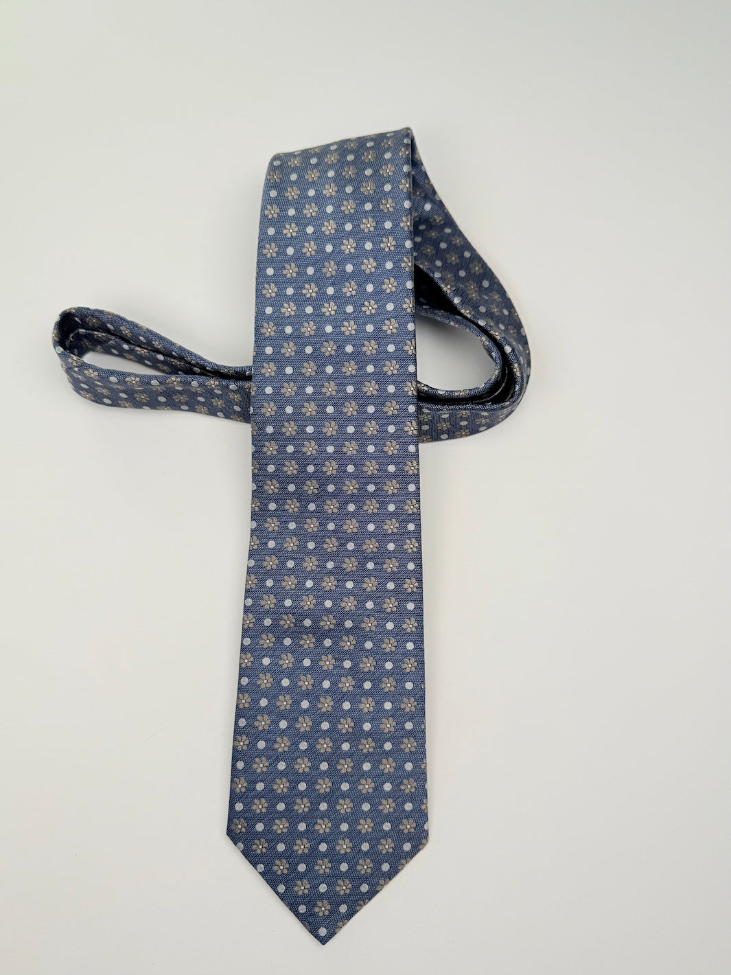Silk Floral Print Tie - Steel Blue