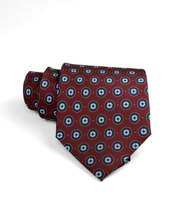 Silk Geometric Print Tie - Burgundy with Navy & Light Blue