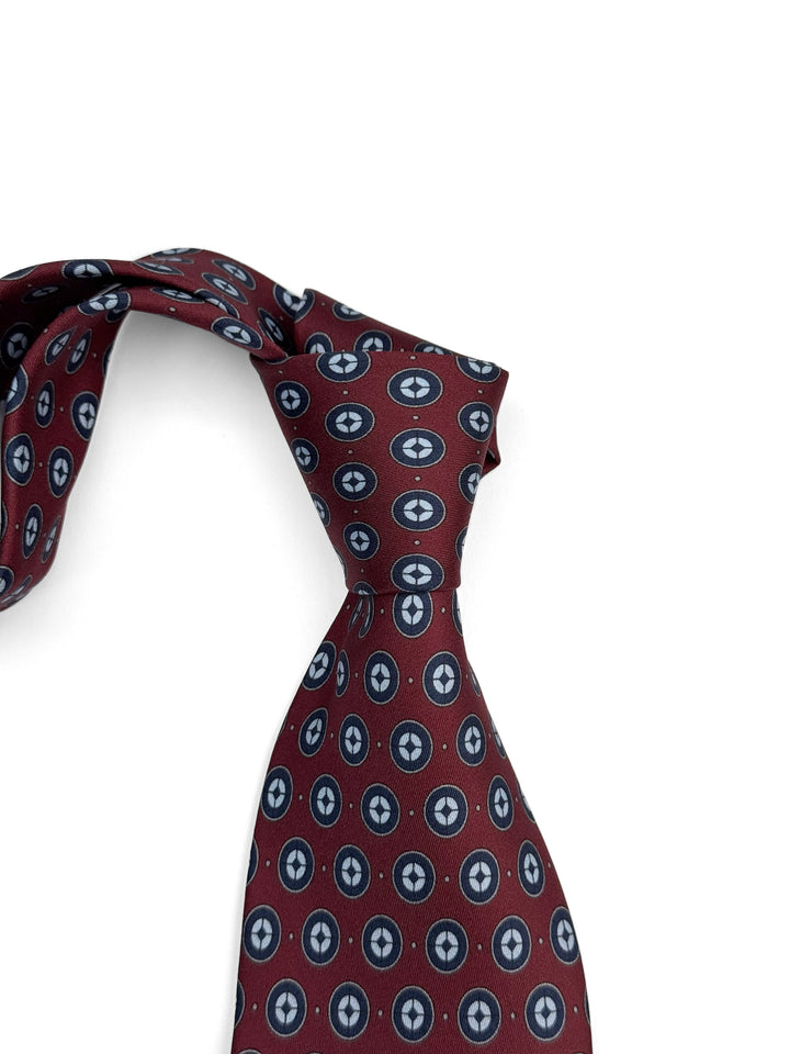 Silk Geometric Print Tie - Burgundy with Navy & Light Blue