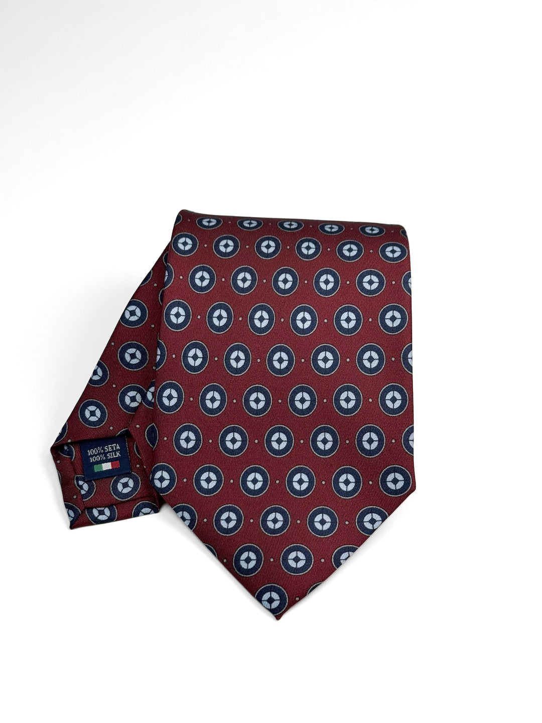 Silk Geometric Print Tie - Burgundy with Navy & Light Blue