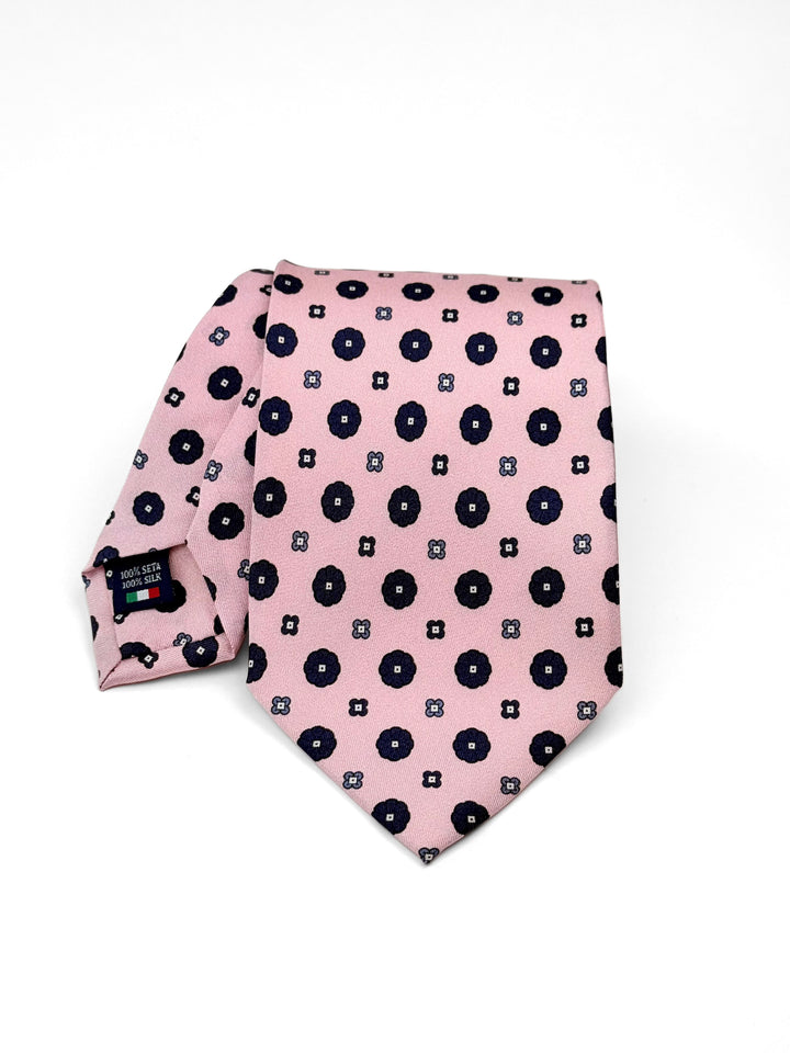 Silk Geometric Print Tie - Light Pink & Navy Blue