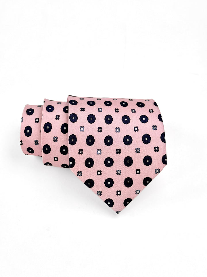 Silk Geometric Print Tie - Light Pink & Navy Blue
