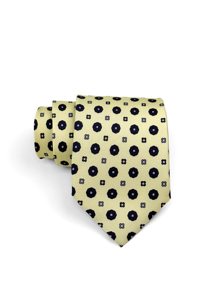 Silk Geometric Print Tie - Pale Yellow & Navy Blue