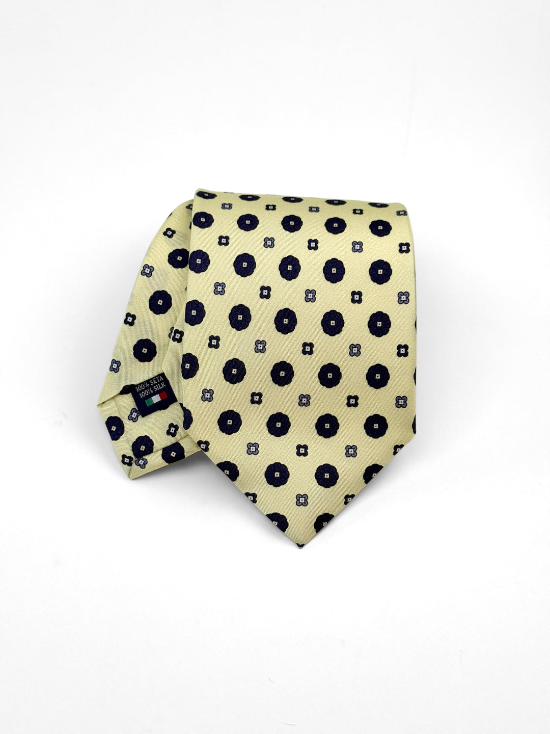 Silk Geometric Print Tie - Pale Yellow & Navy Blue