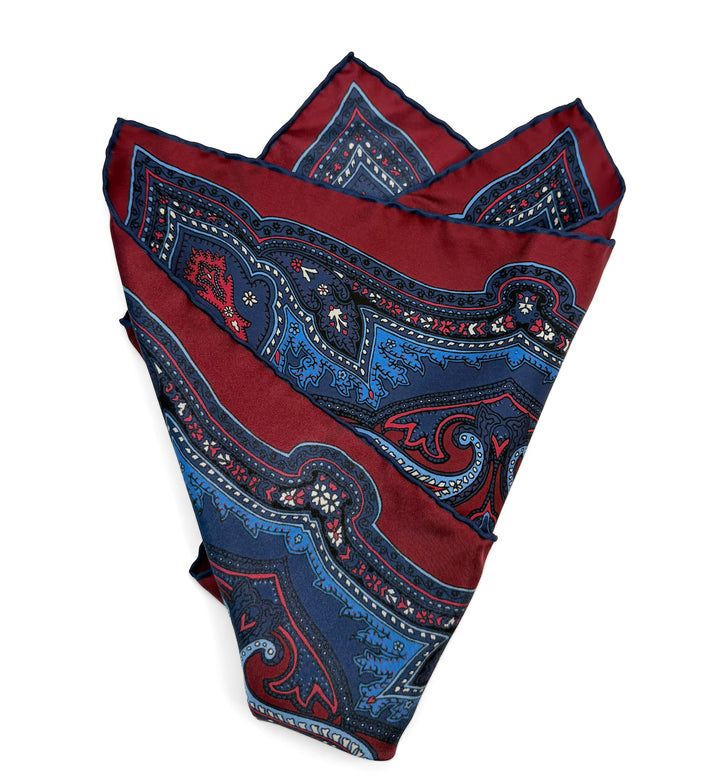 Silk Paisley Pocket Square - Wine Red & Navy Blue