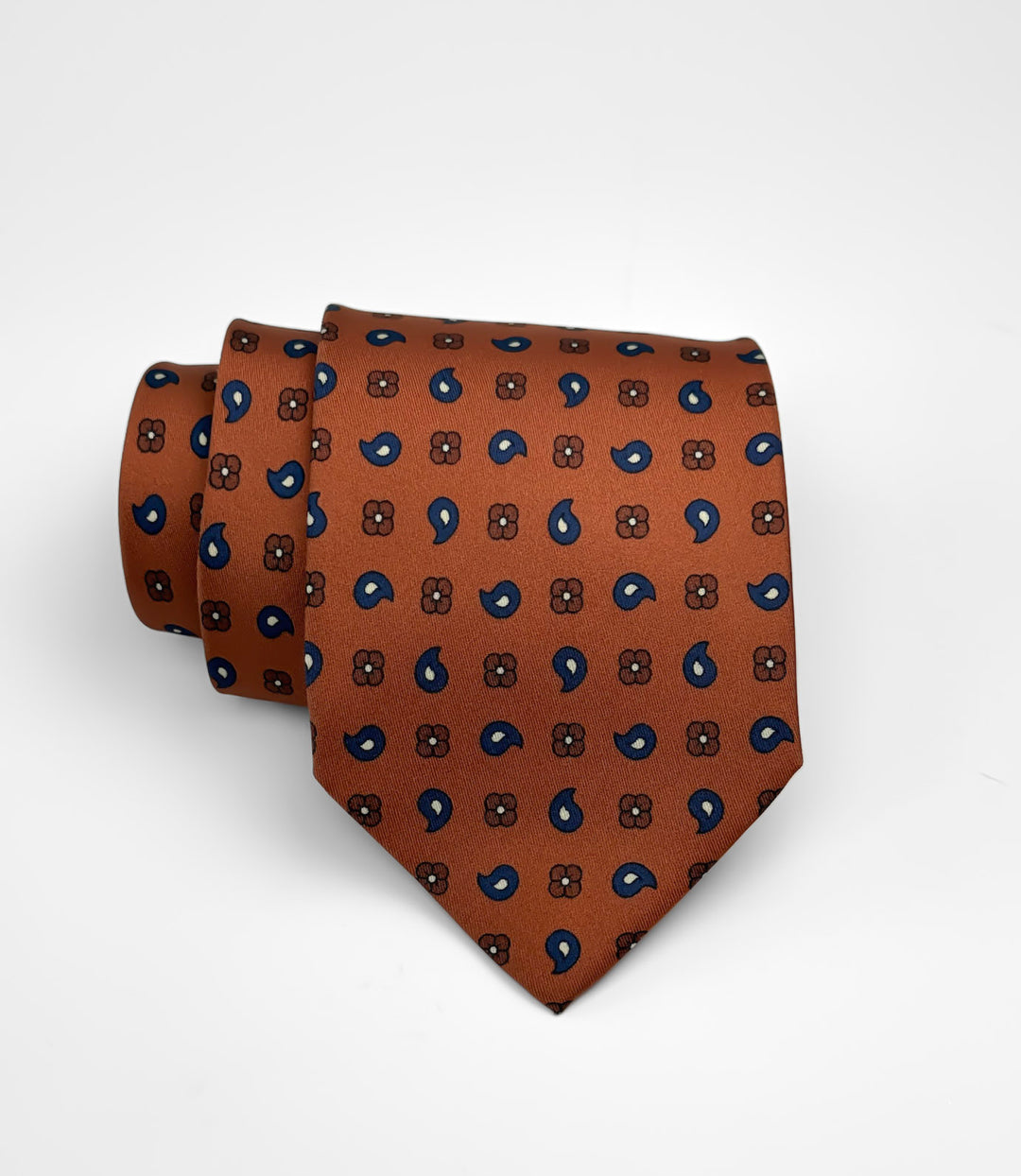Silk Paisley Print Tie - Rust Orange & Navy Blue
