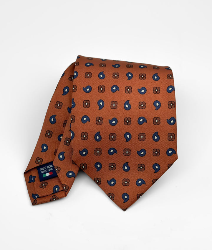 Silk Paisley Print Tie - Rust Orange & Navy Blue