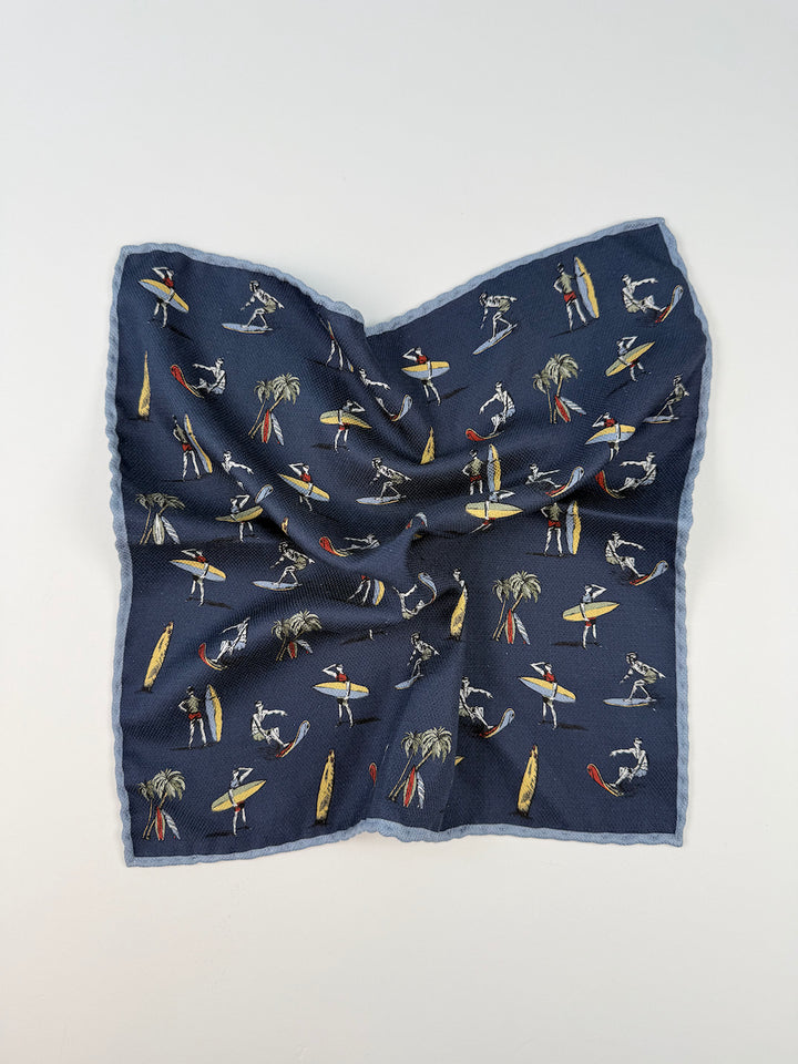 Silk Surf Motif Pocket Square - Dark Blue