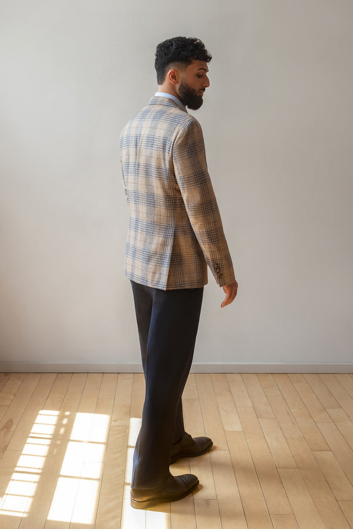 Tan & Blue Wool-Blend Plaid Dormeuil Sport Coat