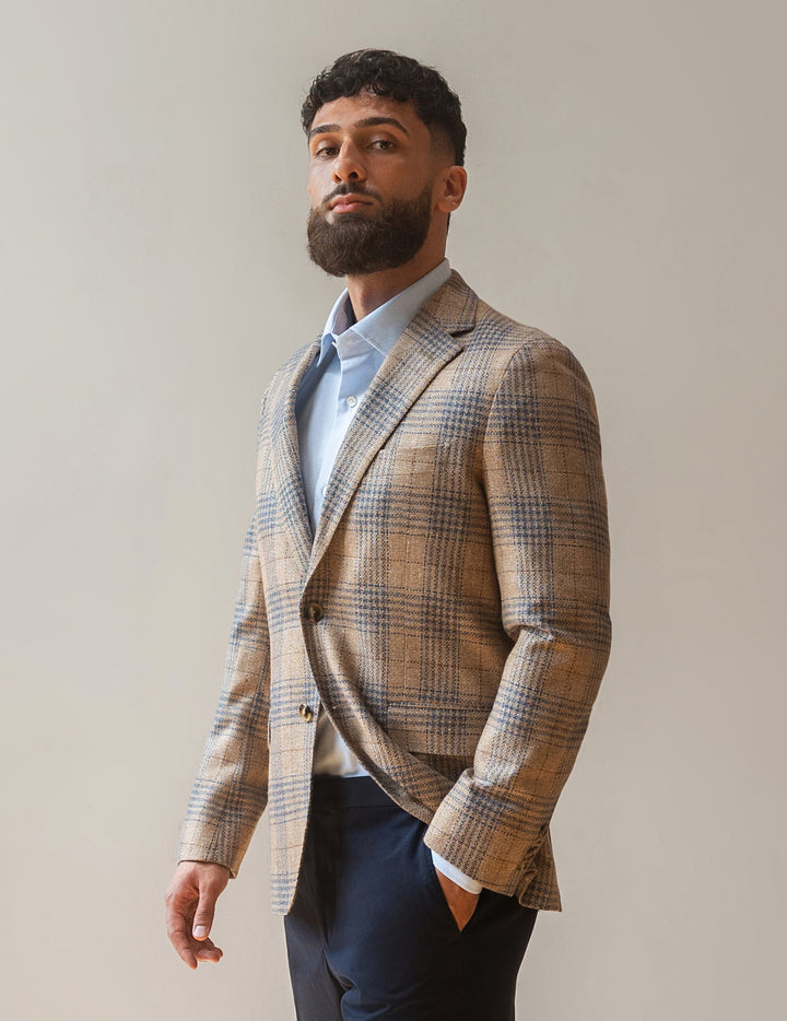 Tan & Blue Wool-Blend Plaid Dormeuil Sport Coat
