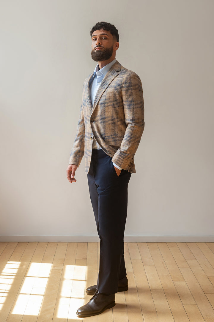 Tan & Blue Wool-Blend Plaid Dormeuil Sport Coat